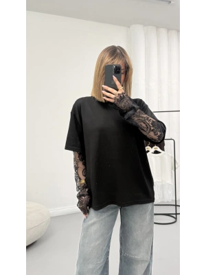 Dantel Kol Detay Tshirt - Siyah