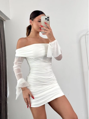 Darla Drapeli Elbise - Beyaz