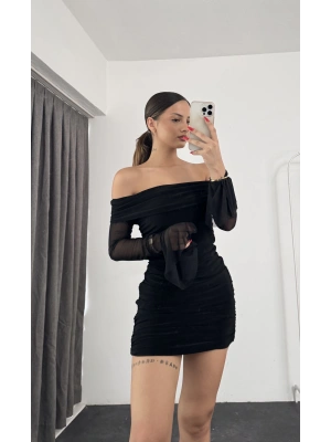 Darla Drapeli Elbise - Siyah