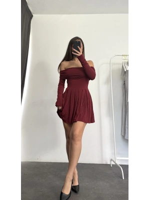 Emma Pileli Elbise - Bordo