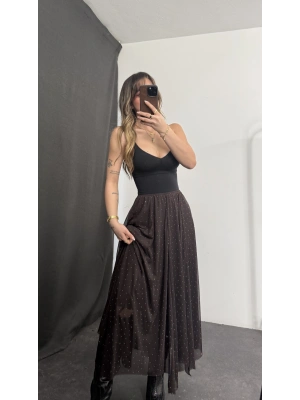 Eva Taşlı Tül Etek - Kahve