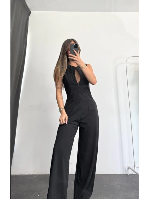 Fermuarlı Sırt Dekolte Tulum - Siyah