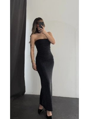 Fular Detay Simli Straplez Elbise - Siyah