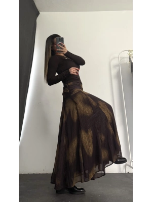 Gisela Desenli Şifon Etek - Kahve