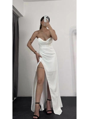 Göğüs Drapeli Aerobin Elbise -Beyaz