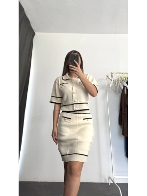 Gold Düğmeli Triko Takım - Bej