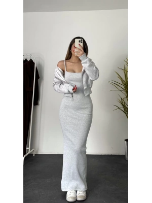 Hırkalı Elbise Takım -Gri Melanj