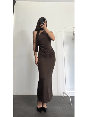 İndila Drapeli Elbise - Kahve