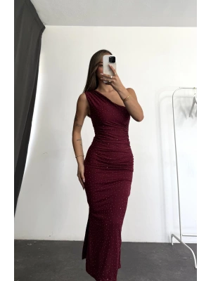 Jade Taşlı Elbise - Bordo