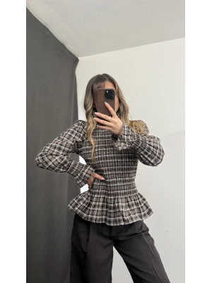 Jania Büzgülü Ekoseli Bluz - Bej