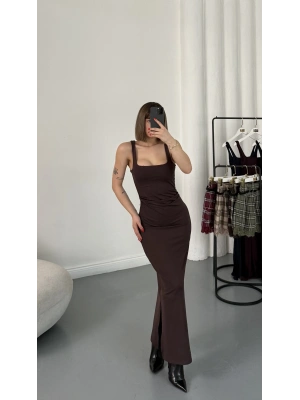 Josie Kare Yaka Elbise - Kahve