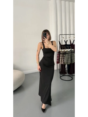 Josie Kare Yaka Elbise - Siyah