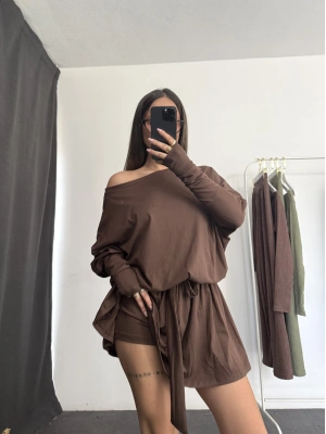 Karina Kayık Yaka Elbise -Kahve