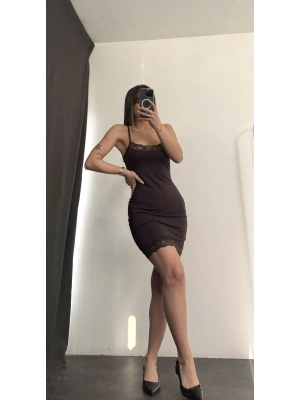 Keira Dantel Detay Mini Elbise - Kahve