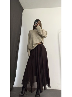 Kendy Asimetrik Tül Etek - Kahve