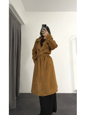 Kuşaklı Süet Trençkot - Camel