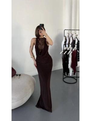 Lady Dantel Detay Elbise - Kahve