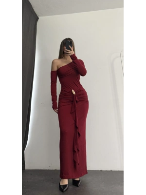Lena Tek Omuz Tokalı Elbise - Bordo