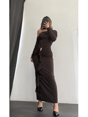 Lena Tek Omuz Tokalı Elbise - Kahve