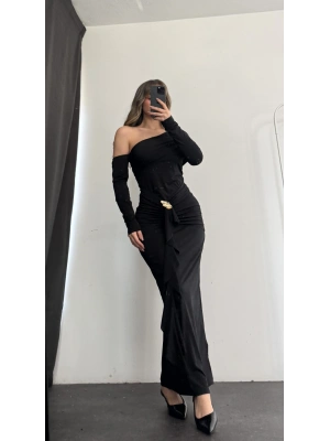 Lena Tek Omuz Tokalı Elbise - Siyah