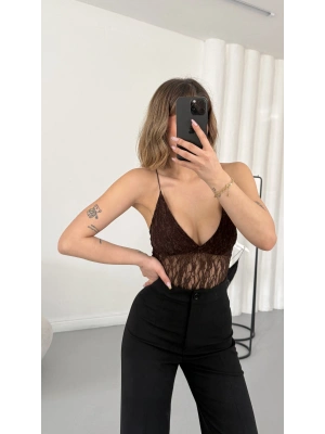 Linet Dantel Bodysuit - Kahve