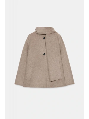 Lisa Şal Yaka Kaşe Kaban - Bej