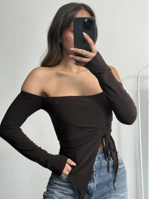 Loli Kayık Yaka Crop - Kahve