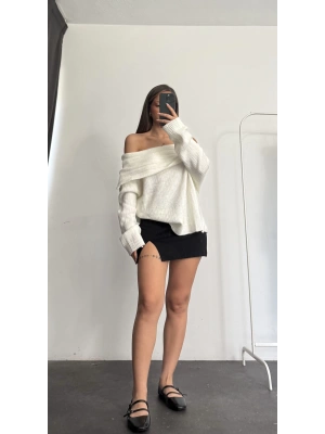 Melody Kayık Yaka Kazak - Beyaz