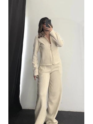 Meloni Leopar Yakalı Takım - Bej