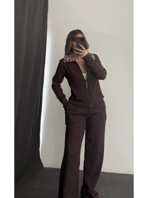 Meloni Leopar Yakalı Takım - Kahve