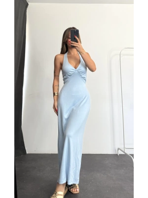 Merla Sırt Dekolte Elbise - Mavi