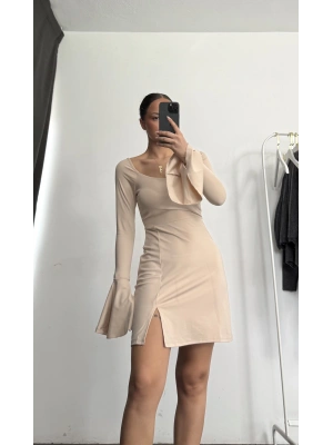 Mini Yırtmaçlı Elbise - Bej