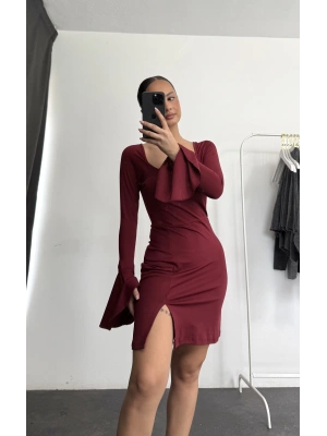 Mini Yırtmaçlı Elbise - Bordo