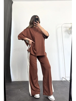 Oversize Şeritli Takım - Kahve
