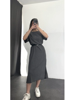 Oversize Yırtmaçlı Elbise - Antrasit