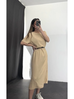 Oversize Yırtmaçlı Elbise - Bej