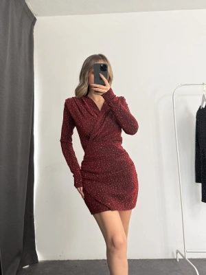 Owl Kruvaze Simli Elbise - Kırmızı