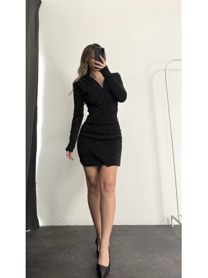 Owl Kruvaze Simli Elbise - Siyah