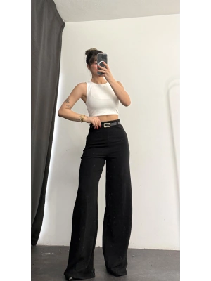 River Kemerli Palazzo Pantolon - Siyah