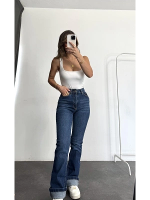 Roll İspanyol Jean - Lacivert Yıkamalı