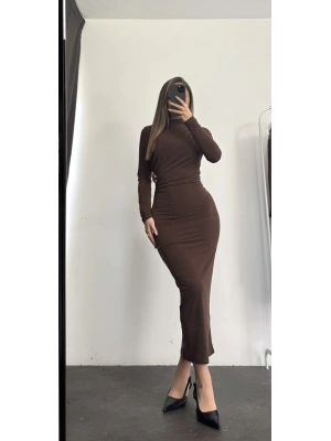 Ruska Broş Detay Elbise - Kahve