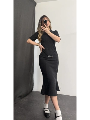 Sadie Kemerli Balık Elbise - Siyah