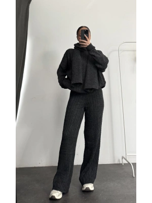 Şal Detay Üçlü Takım - Antrasit