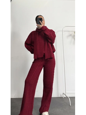 Şal Detay Üçlü Takım - Bordo