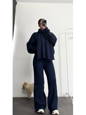 Şal Detay Üçlü Takım - Lacivert