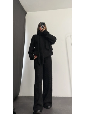 Şal Detay Üçlü Takım - Siyah