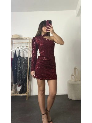Shake Payetli Elbise - Bordo