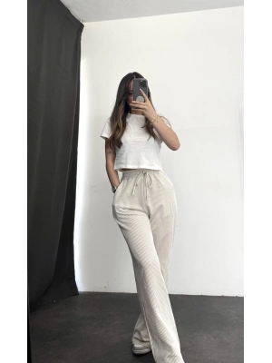 Str Çizgili Pantolon - Bej