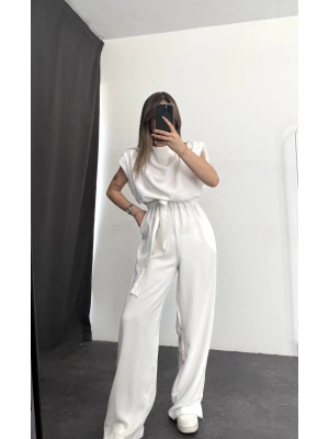 Vatkalı Crep Tulum - Beyaz