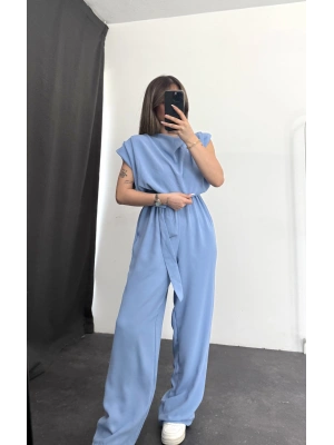 Vatkalı Crep Tulum - Mavi